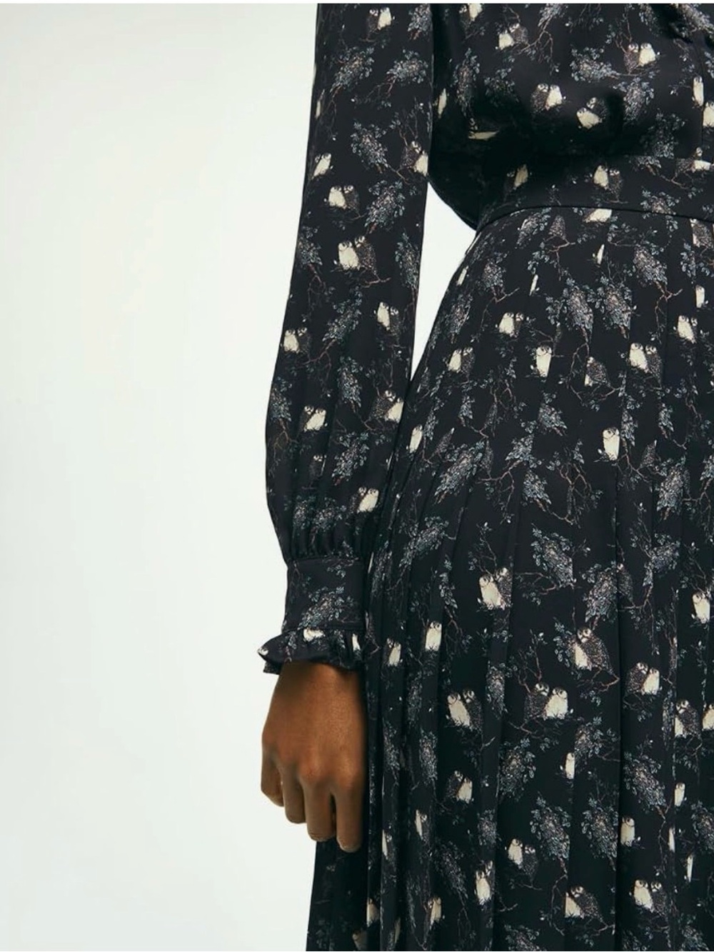 Brooks Brothers Long-Sleeve Black Floral Ruffle owl print Neck Dress. - Picture 6 of 14